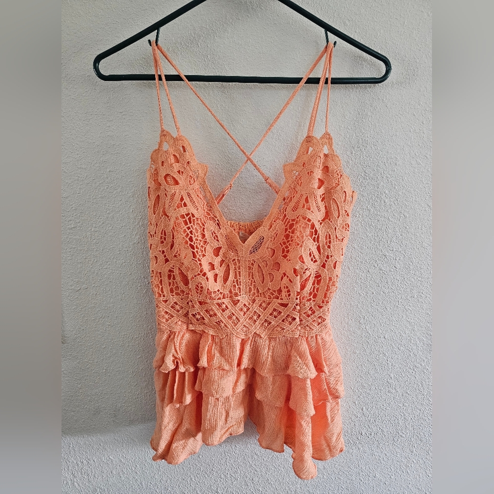 Chelsea & Violet NWT Ruffled Peplum Spaghetti Strap Orange Top Sz S